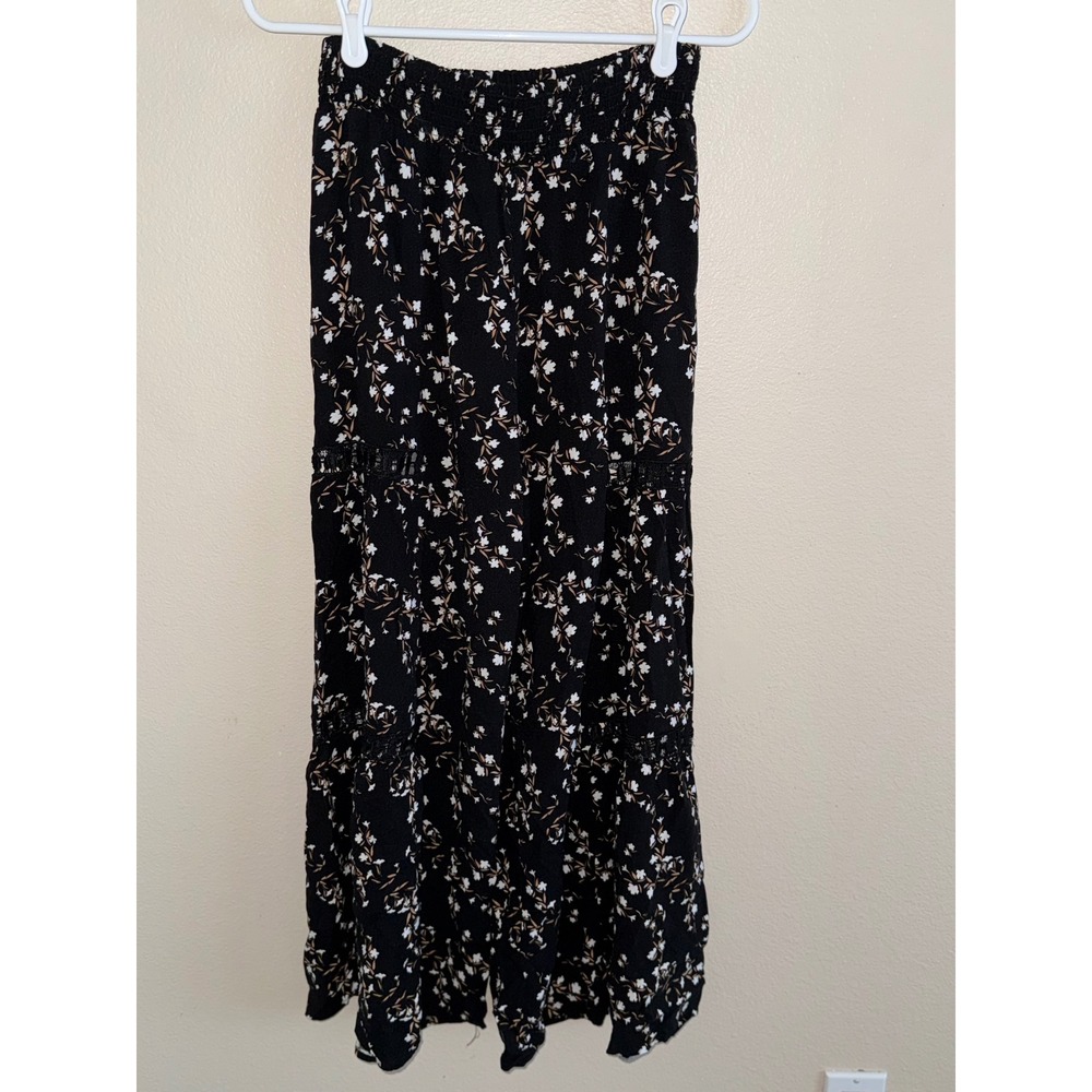 Love Wish Black Floral Wide Leg Tiered Boho Pants Crochet Trim Large